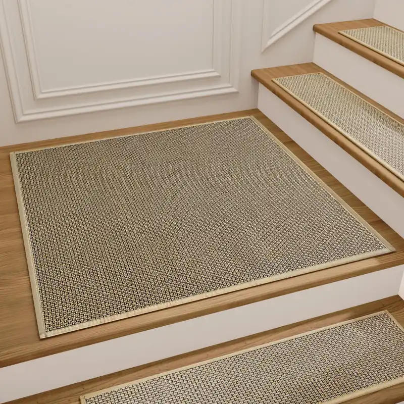 Matching jute rugs on wooden landing and steps