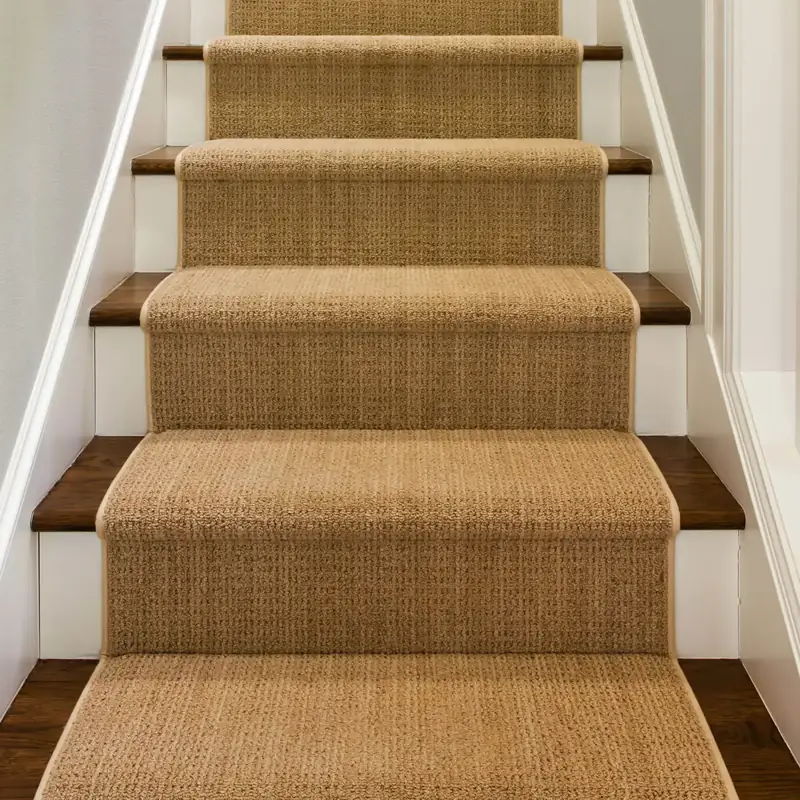 Natural sisal stair runner with tan whipped edges.