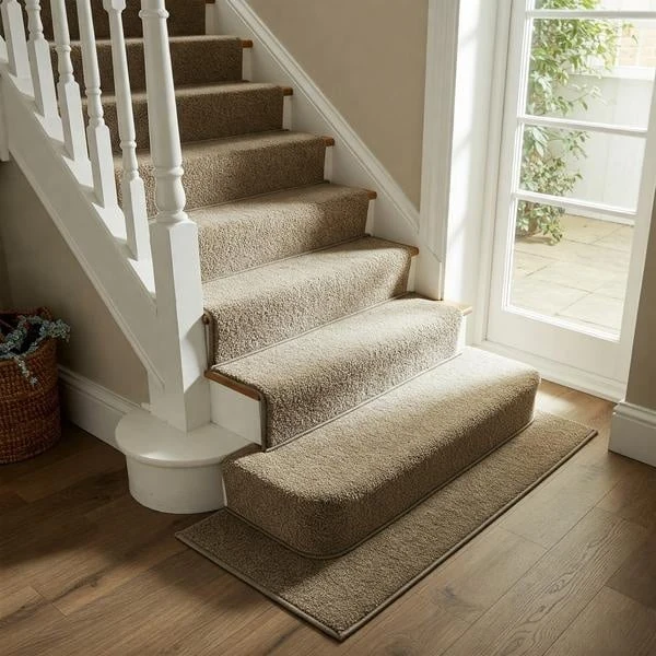 Plush beige Saxony carpet runner with bound edges