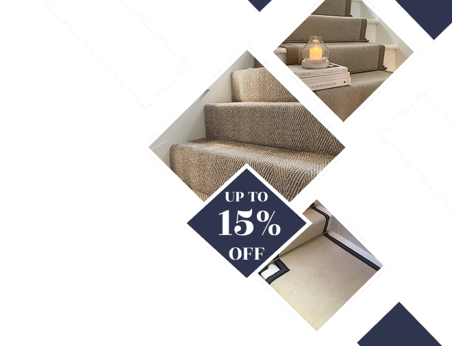 Stair carpet collage with Up to 15% Off text.