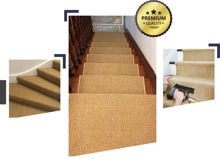 Staircase with woven carpet runner installation