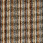 Striped woven carpet in beige, brown, cream, and gray