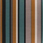wool carpet featuring alternating bands of teal, mustard gold, charcoal, and light grey.