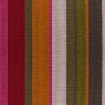 wool carpet with vertical bands of magenta, deep red, orange, olive, and taupe.